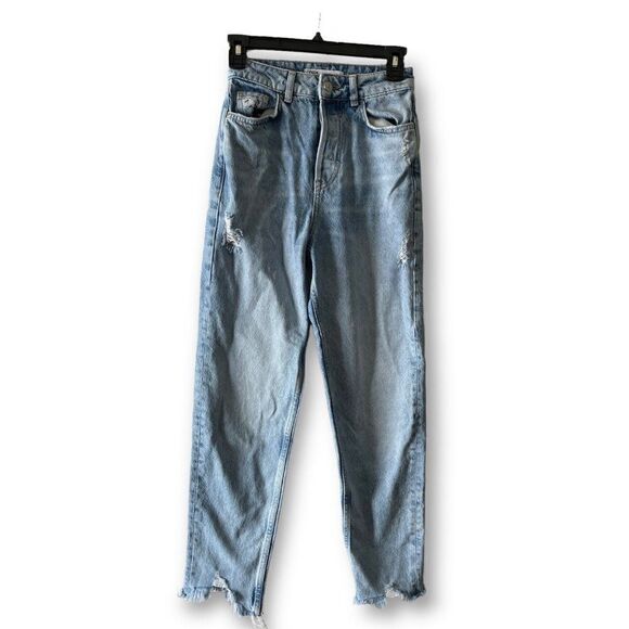 Zara Ripped Distressed High Rise Button Fly Straight Fit Mom Jeans Size: 0/24 - Picture 1 of 8
